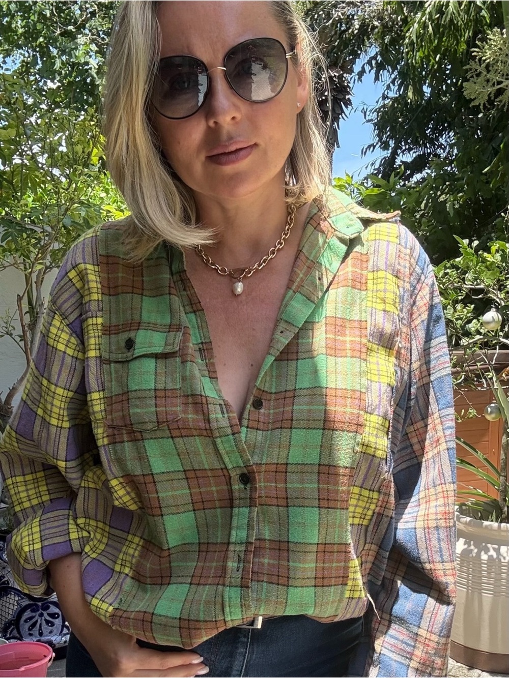 Women’s Oversized Patchwork Plaid Shirt XL | Raw Edge Seam Detail | Boho - Picture 2 of 7